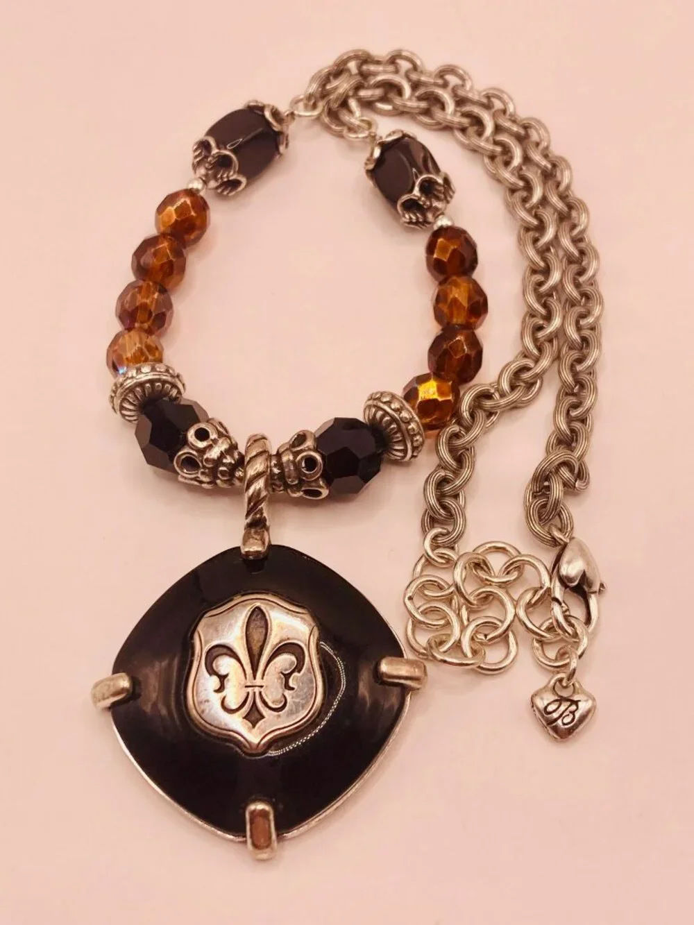 Brighton Black Onyx Brown Beaded Fleur De Lis Pendant Necklace -40B